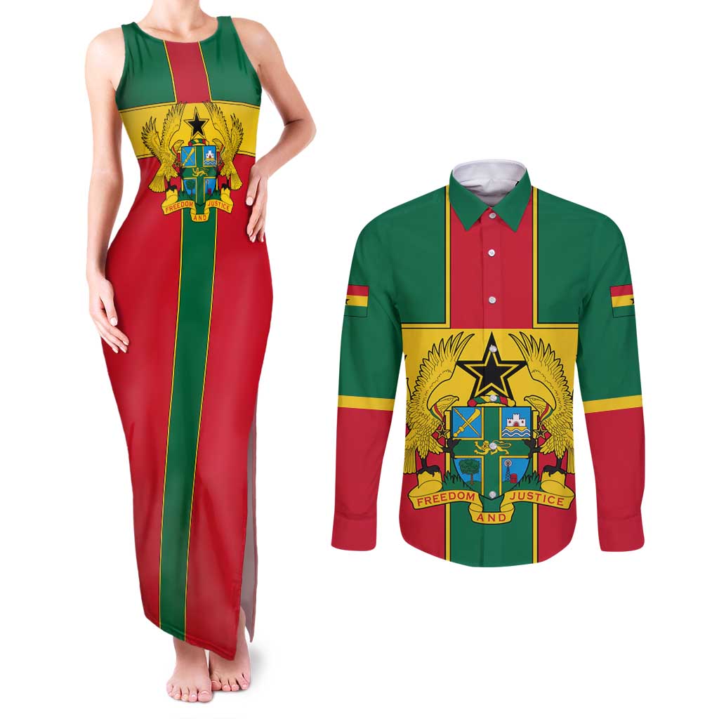Ghana Flag Couples Matching Tank Maxi Dress and Long Sleeve Button Shirt with Coat of Arms Design