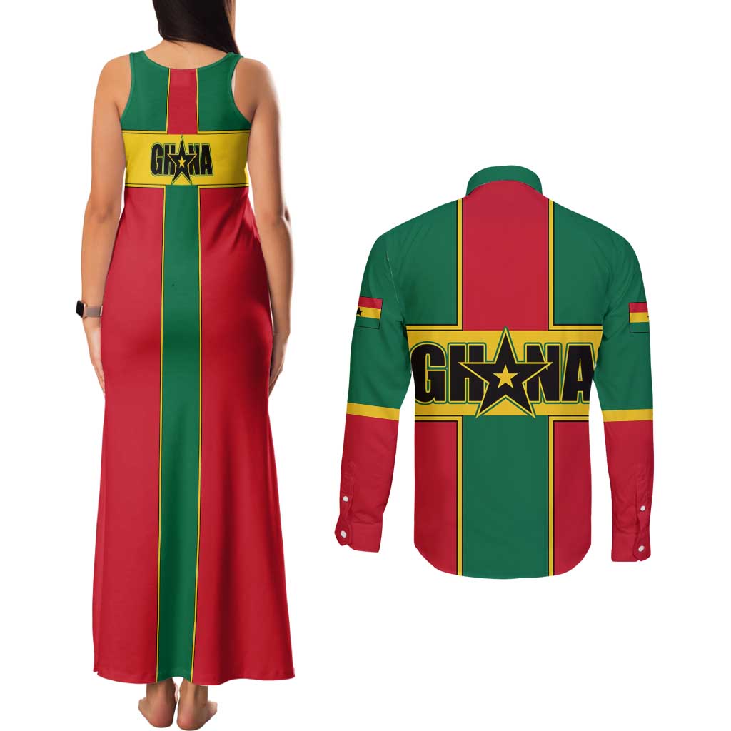 Ghana Flag Couples Matching Tank Maxi Dress and Long Sleeve Button Shirt with Coat of Arms Design
