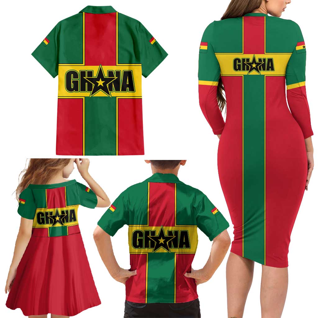 Ghana Flag Family Matching Long Sleeve Bodycon Dress and Hawaiian Shirt with Coat of Arms Design