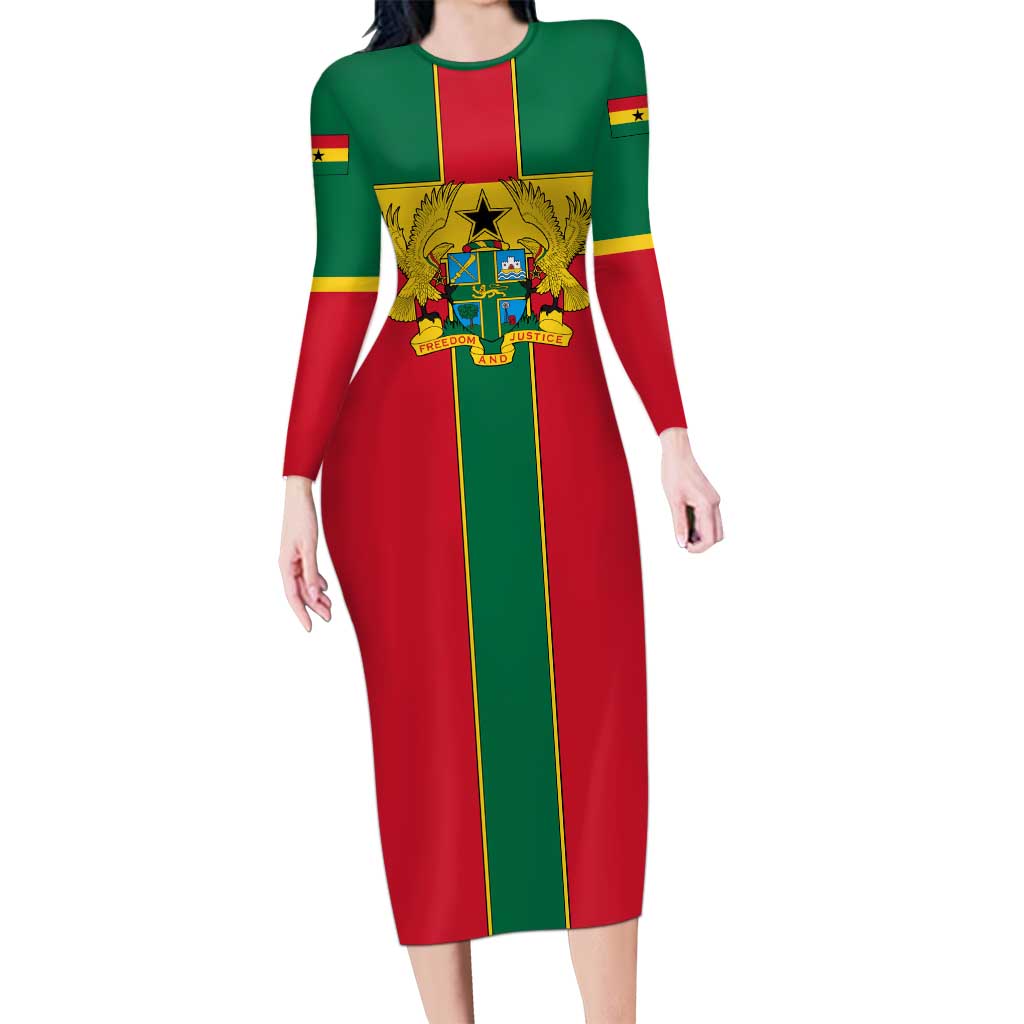 Ghana Flag Family Matching Long Sleeve Bodycon Dress and Hawaiian Shirt with Coat of Arms Design