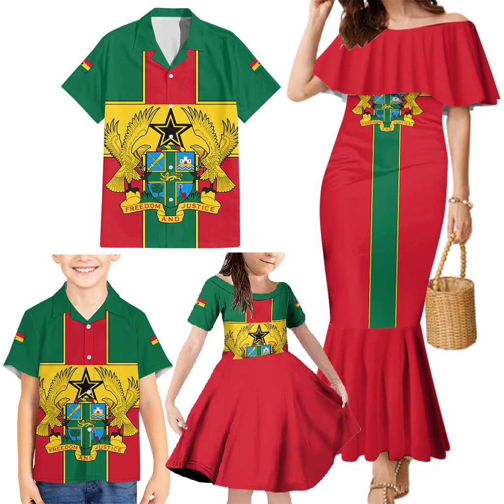 Ghana Flag Family Matching Mermaid Dress and Hawaiian Shirt with Coat of Arms Design