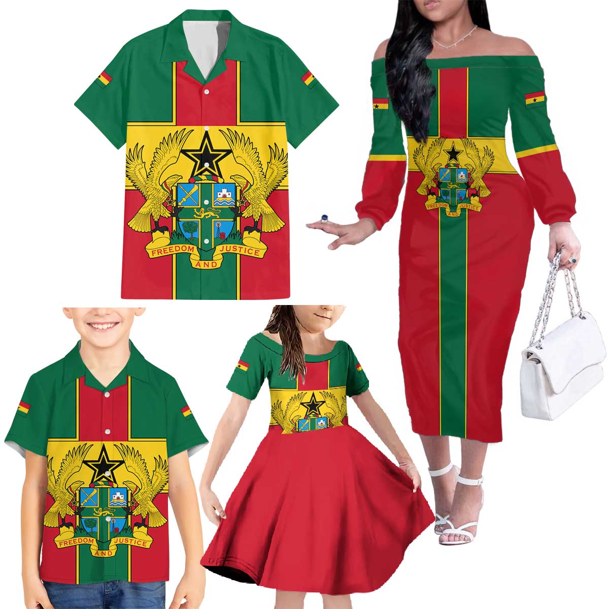 Ghana Flag Family Matching Off The Shoulder Long Sleeve Dress and Hawaiian Shirt with Coat of Arms Design