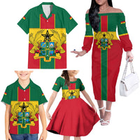 Ghana Flag Family Matching Off The Shoulder Long Sleeve Dress and Hawaiian Shirt with Coat of Arms Design