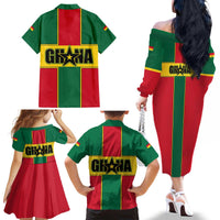 Ghana Flag Family Matching Off The Shoulder Long Sleeve Dress and Hawaiian Shirt with Coat of Arms Design