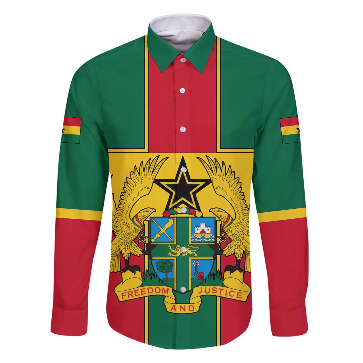 Ghana Flag Family Matching Off The Shoulder Long Sleeve Dress and Hawaiian Shirt with Coat of Arms Design