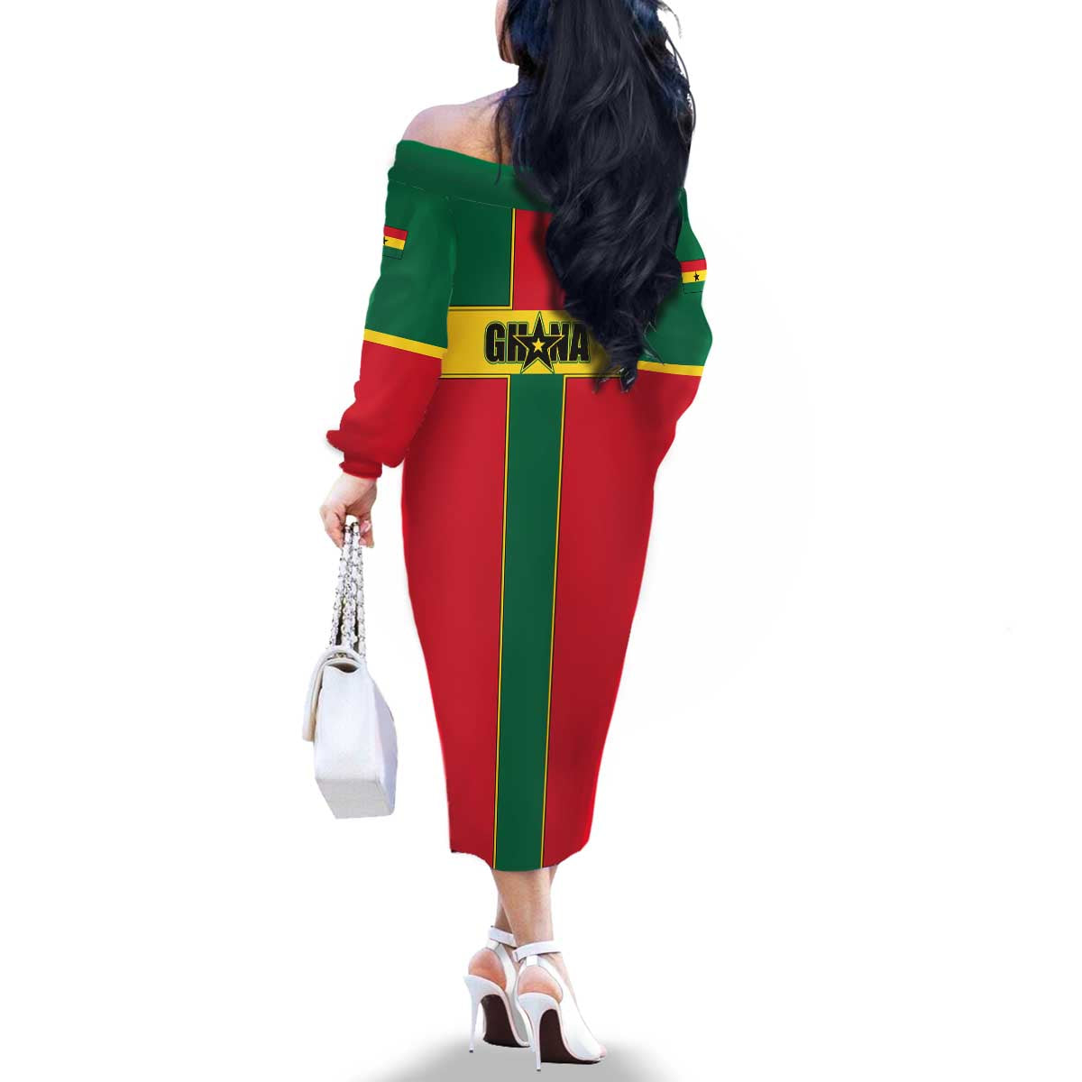 Ghana Flag Family Matching Off The Shoulder Long Sleeve Dress and Hawaiian Shirt with Coat of Arms Design
