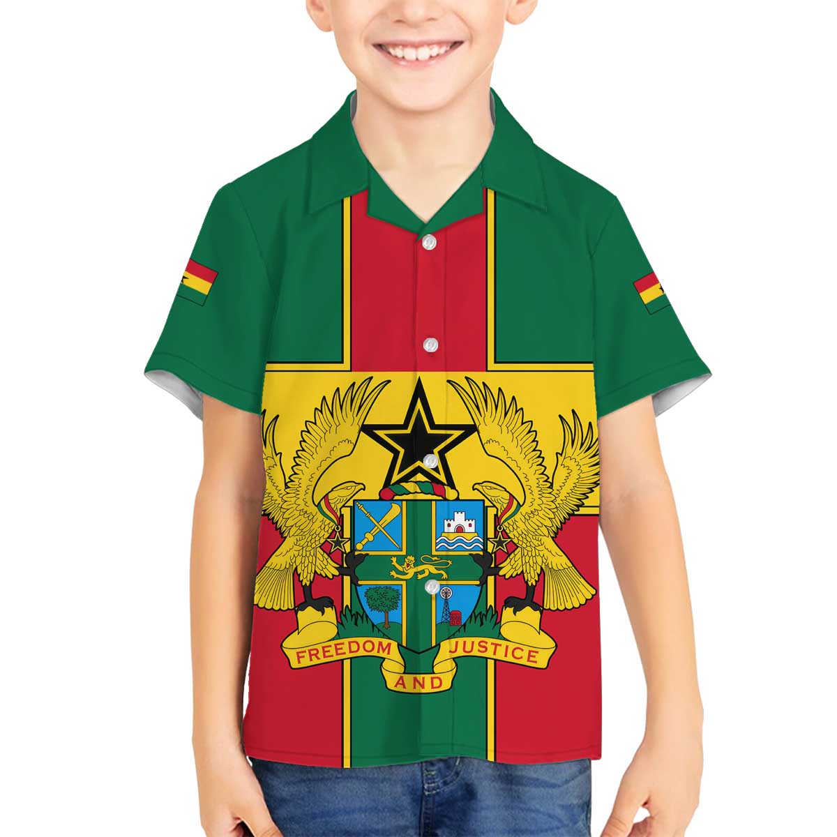 Ghana Flag Family Matching Off The Shoulder Long Sleeve Dress and Hawaiian Shirt with Coat of Arms Design