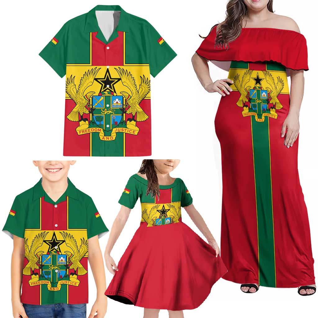 Ghana Flag Family Matching Off Shoulder Maxi Dress and Hawaiian Shirt with Coat of Arms Design