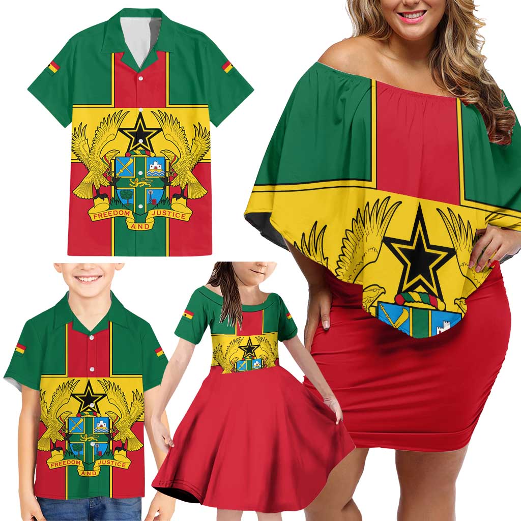 Ghana Flag Family Matching Off Shoulder Short Dress and Hawaiian Shirt with Coat of Arms Design