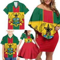Ghana Flag Family Matching Off Shoulder Short Dress and Hawaiian Shirt with Coat of Arms Design
