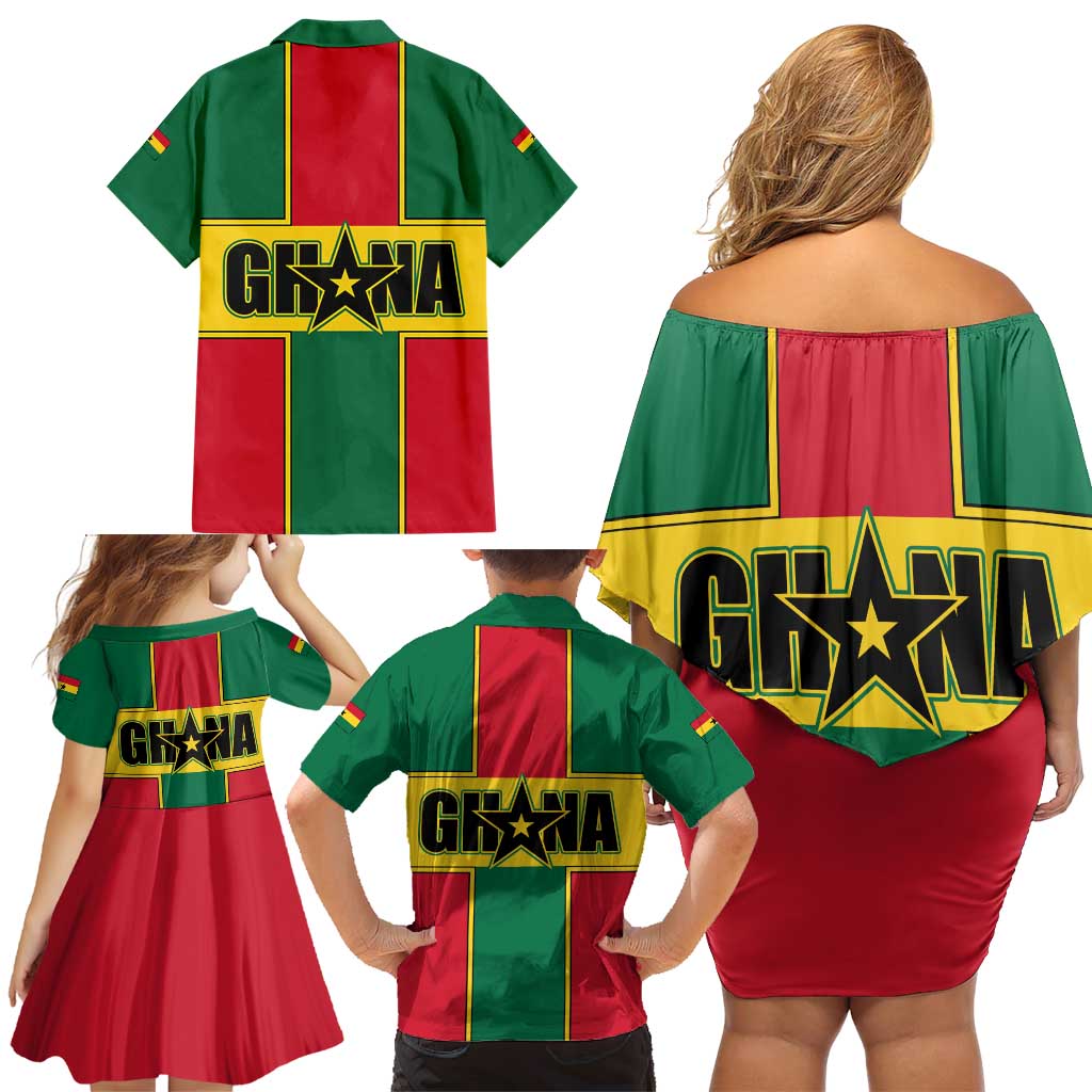 Ghana Flag Family Matching Off Shoulder Short Dress and Hawaiian Shirt with Coat of Arms Design