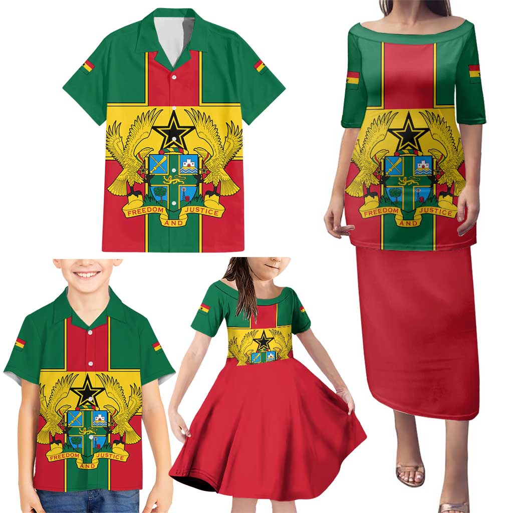 Ghana Flag Family Matching Puletasi and Hawaiian Shirt with Coat of Arms Design