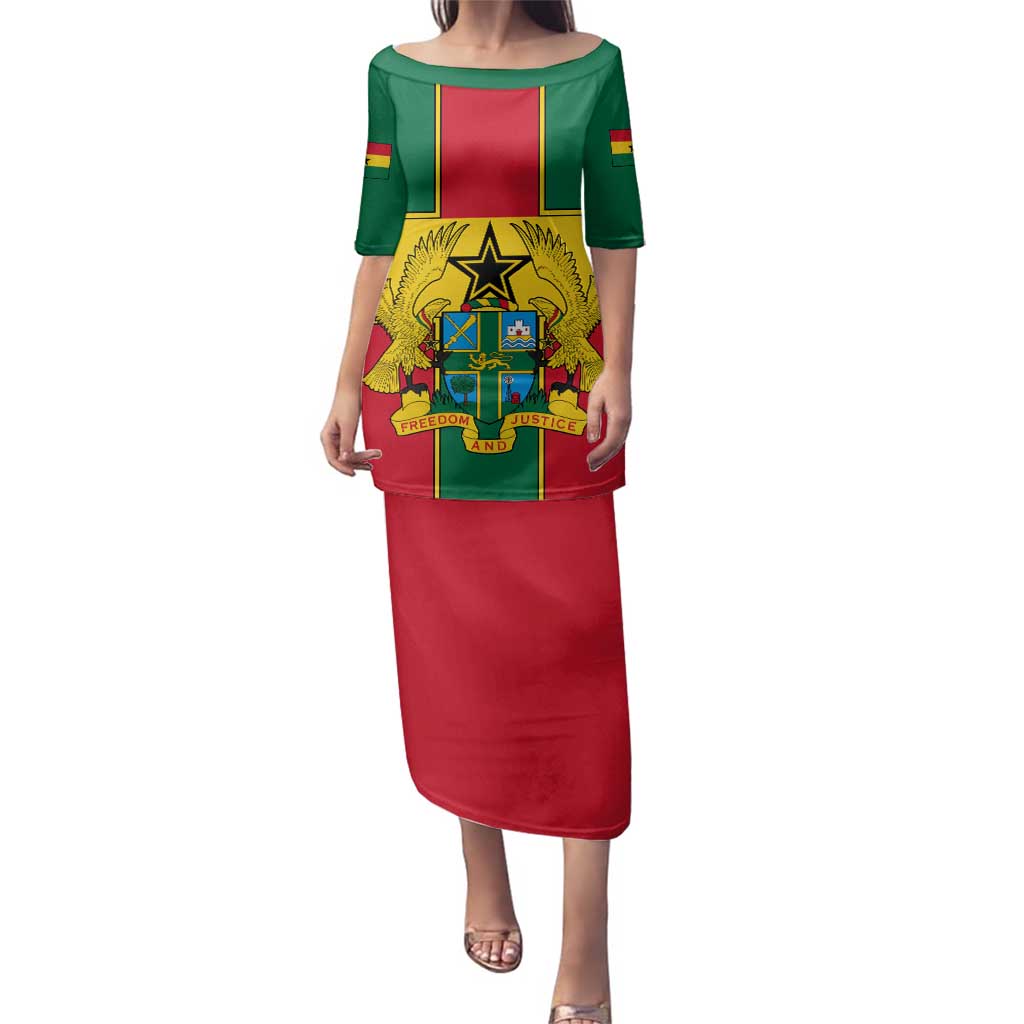 Ghana Flag Family Matching Puletasi and Hawaiian Shirt with Coat of Arms Design