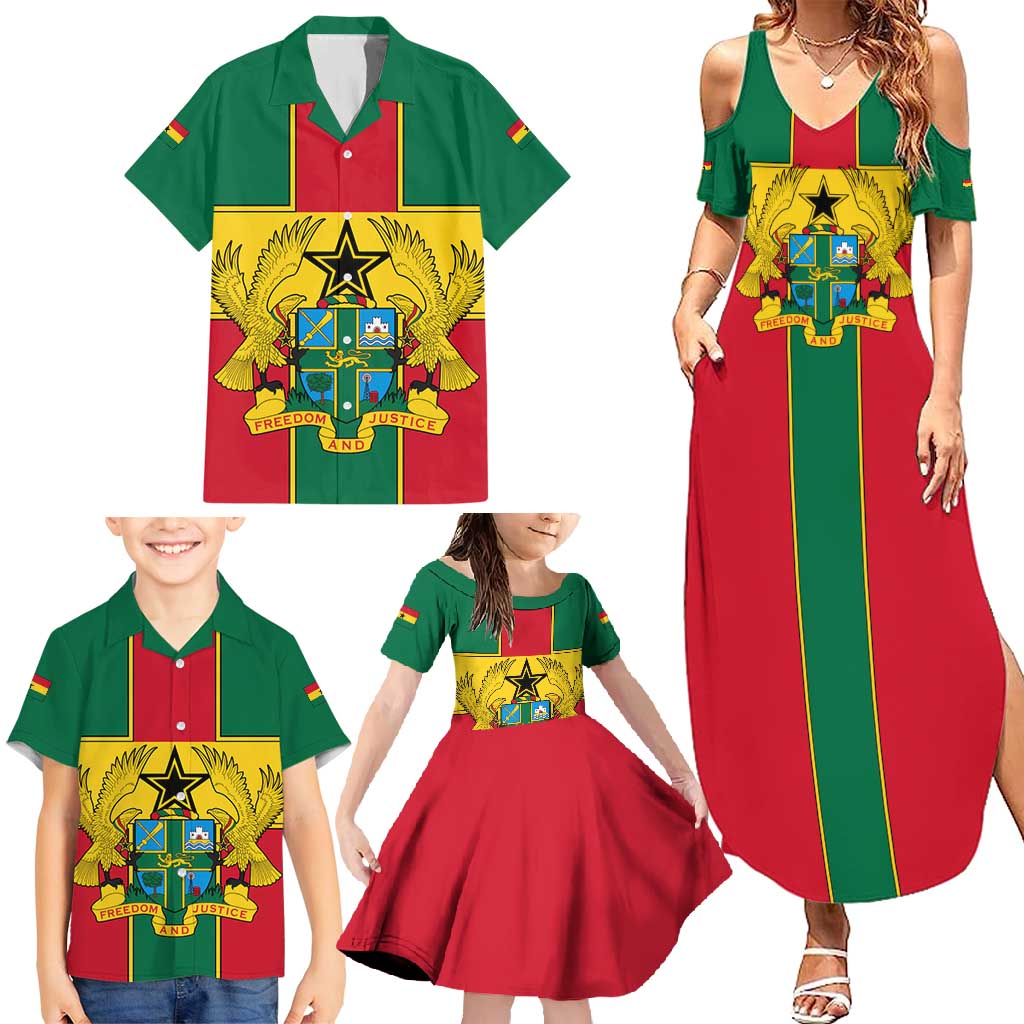 Ghana Flag Family Matching Summer Maxi Dress and Hawaiian Shirt with Coat of Arms Design