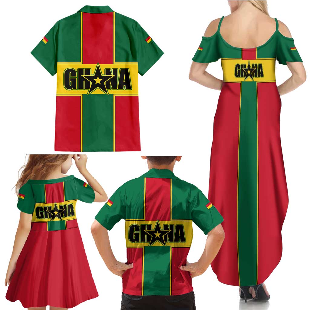 Ghana Flag Family Matching Summer Maxi Dress and Hawaiian Shirt with Coat of Arms Design