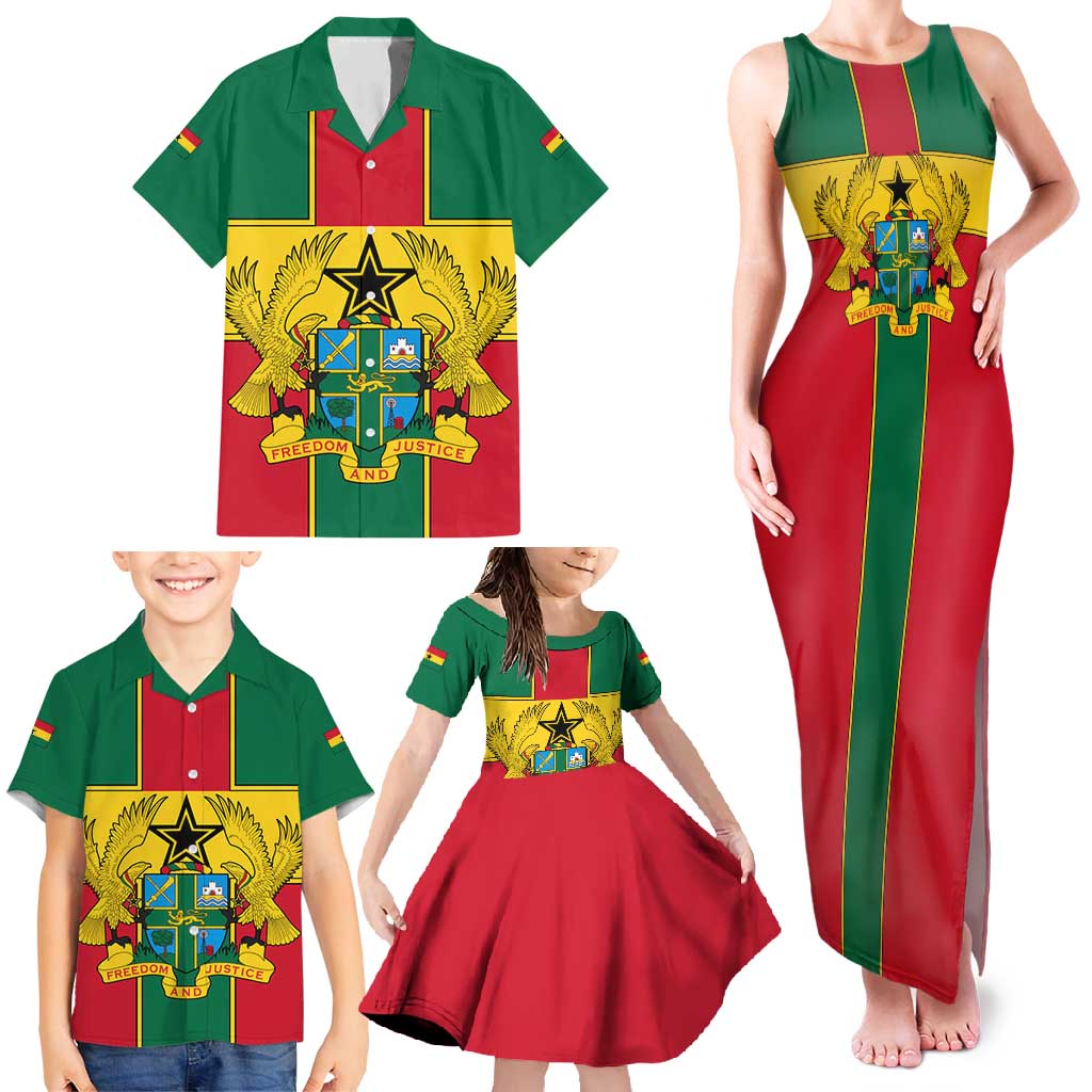 Ghana Flag Family Matching Tank Maxi Dress and Hawaiian Shirt with Coat of Arms Design