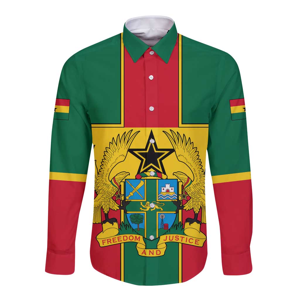 Ghana Flag Long Sleeve Button Shirt with Coat of Arms Design