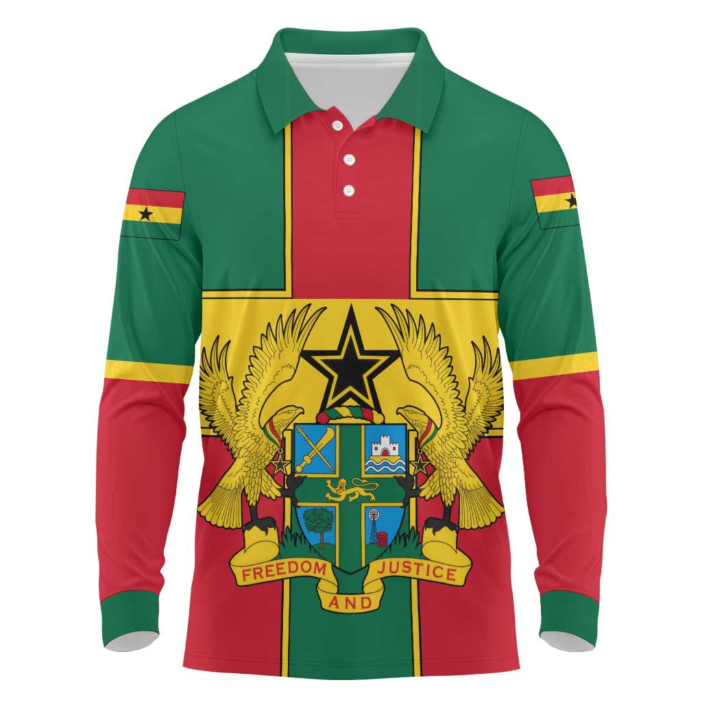 Ghana Flag Long Sleeve Polo Shirt with Coat of Arms Design