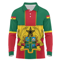 Ghana Flag Long Sleeve Polo Shirt with Coat of Arms Design