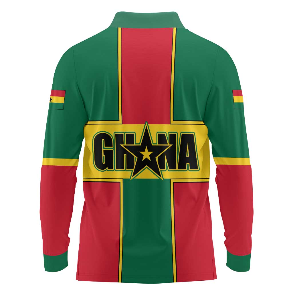 Ghana Flag Long Sleeve Polo Shirt with Coat of Arms Design