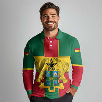 Ghana Flag Long Sleeve Polo Shirt with Coat of Arms Design