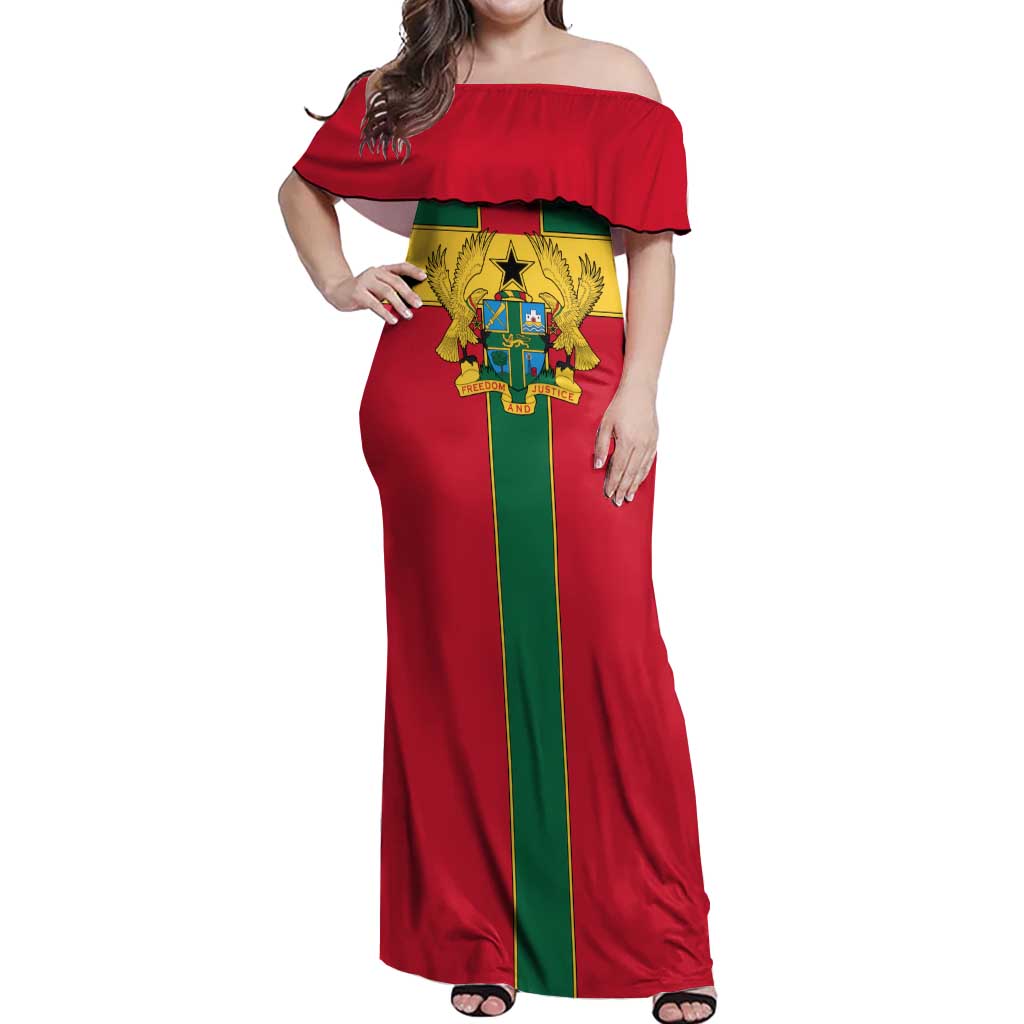 Ghana Flag Off Shoulder Maxi Dress with Coat of Arms Design