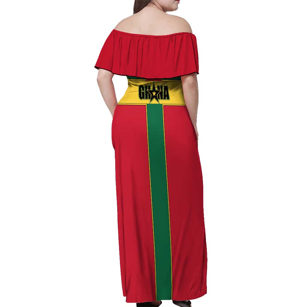 Ghana Flag Off Shoulder Maxi Dress with Coat of Arms Design