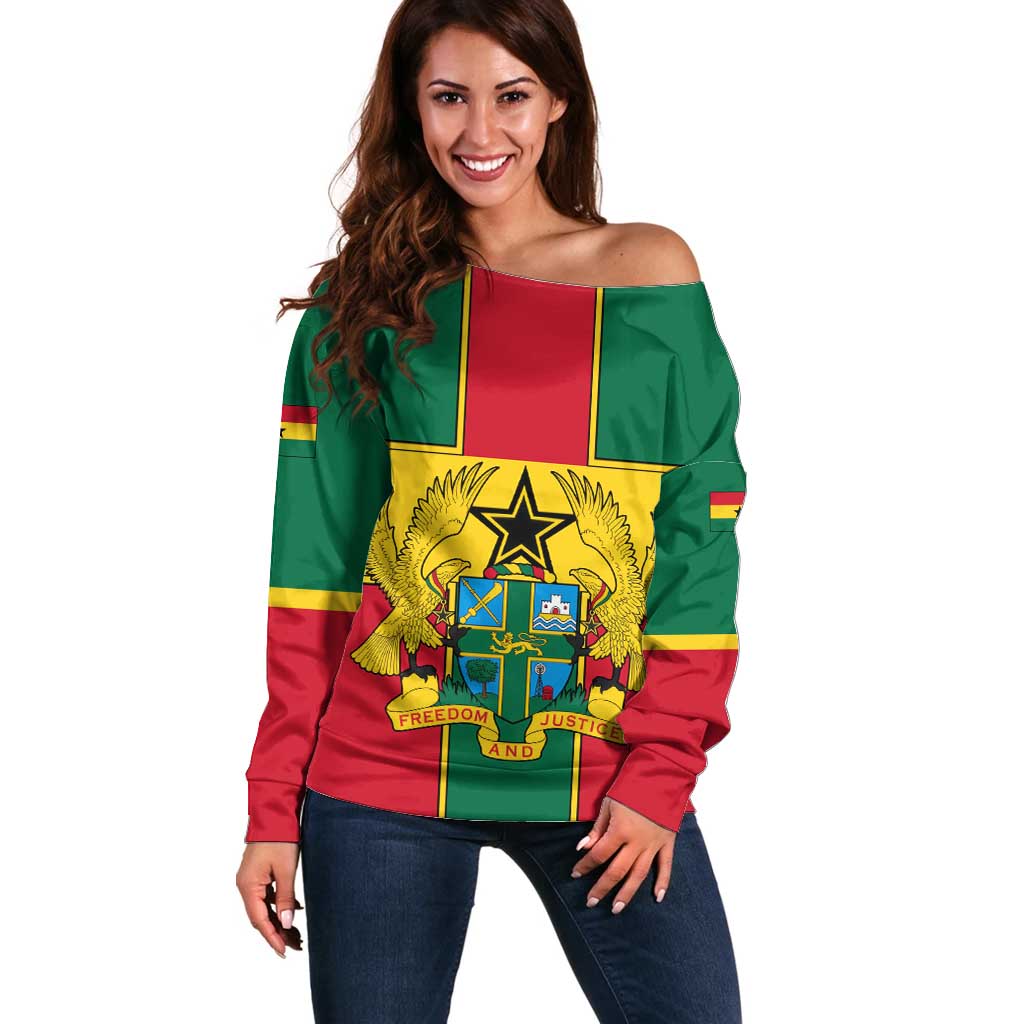 Ghana Flag Off Shoulder Sweater with Coat of Arms Design