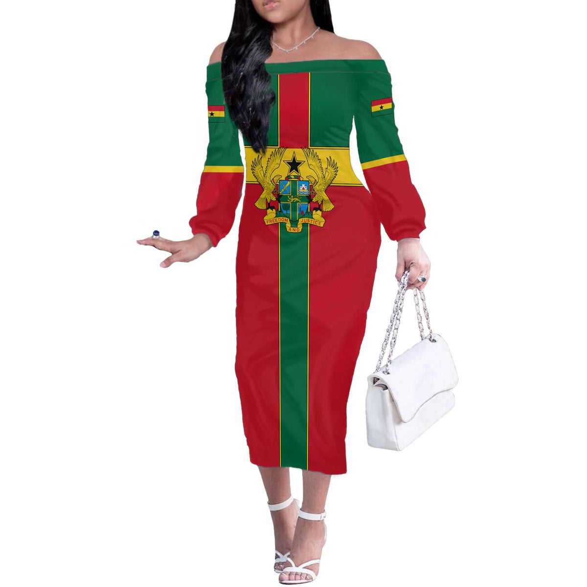 Ghana Flag Off The Shoulder Long Sleeve Dress with Coat of Arms Design