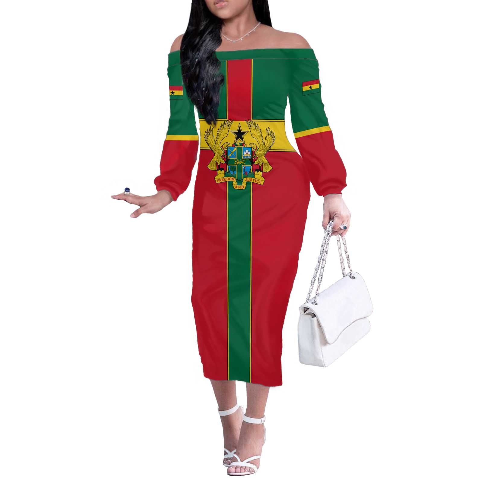 Ghana Flag Off The Shoulder Long Sleeve Dress with Coat of Arms Design