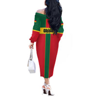 Ghana Flag Off The Shoulder Long Sleeve Dress with Coat of Arms Design