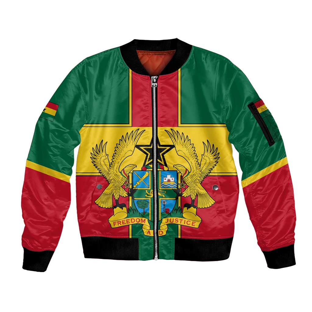 Ghana Flag Sleeve Zip Bomber Jacket with Coat of Arms Design