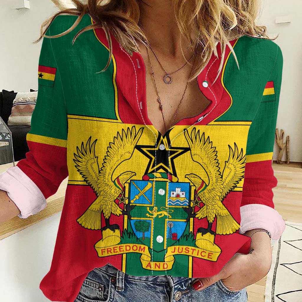 Ghana Flag Women Casual Shirt with Coat of Arms Design