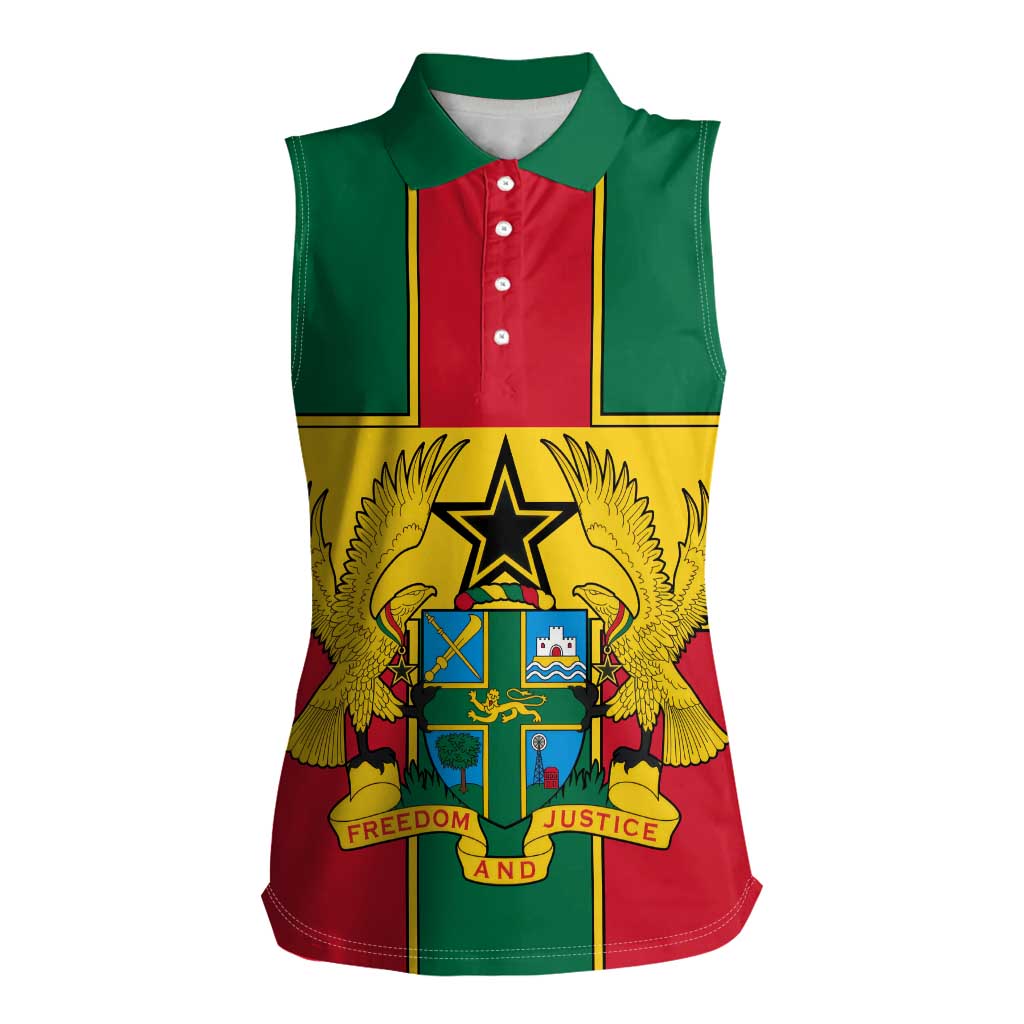 Ghana Flag Women Sleeveless Polo Shirt with Coat of Arms Design