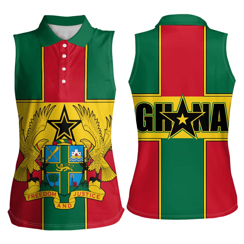 Ghana Flag Women Sleeveless Polo Shirt with Coat of Arms Design