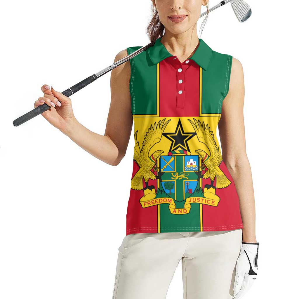 Ghana Flag Women Sleeveless Polo Shirt with Coat of Arms Design
