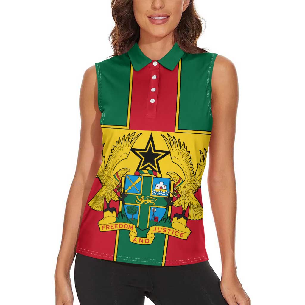 Ghana Flag Women Sleeveless Polo Shirt with Coat of Arms Design