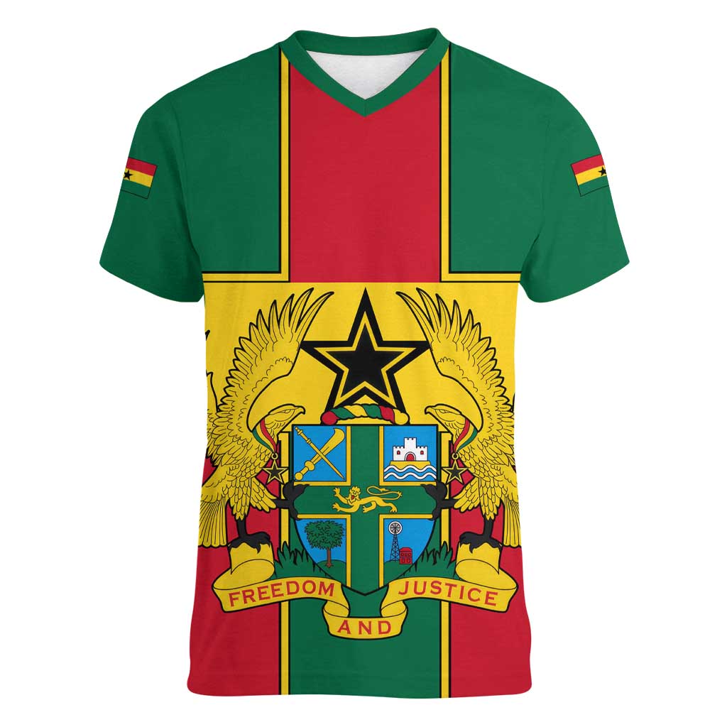 Ghana Flag Women V-Neck T-Shirt with Coat of Arms Design
