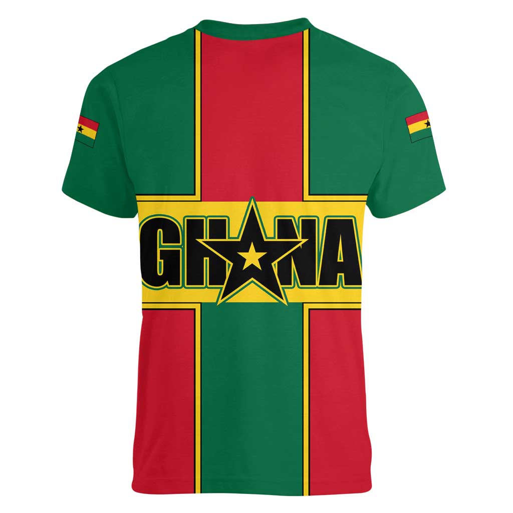 Ghana Flag Women V-Neck T-Shirt with Coat of Arms Design