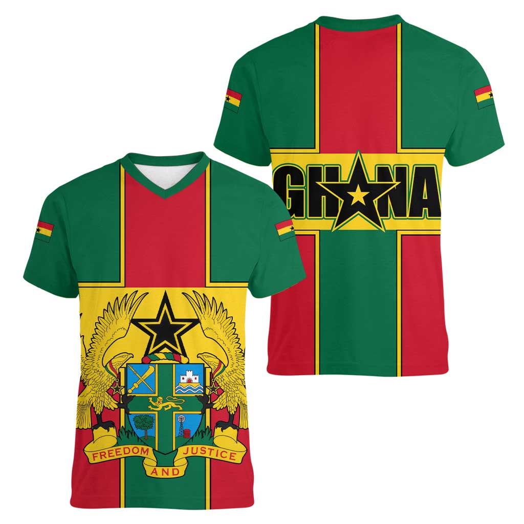 Ghana Flag Women V-Neck T-Shirt with Coat of Arms Design