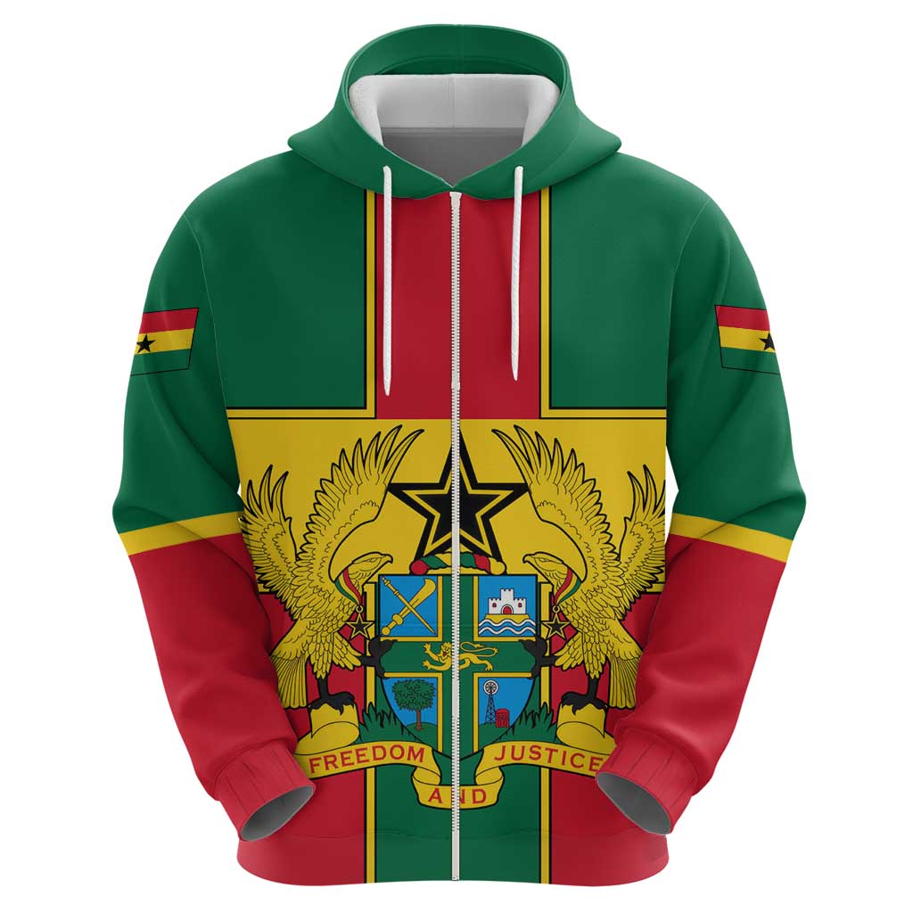Ghana Flag Zip Hoodie with Coat of Arms Design