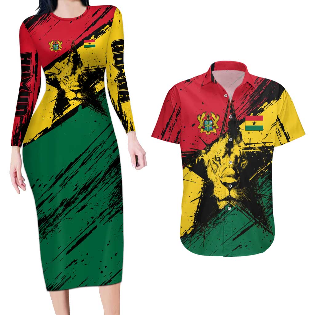 Ghana Flag Couples Matching Long Sleeve Bodycon Dress and Hawaiian Shirt with Coat of Arms Design TS04