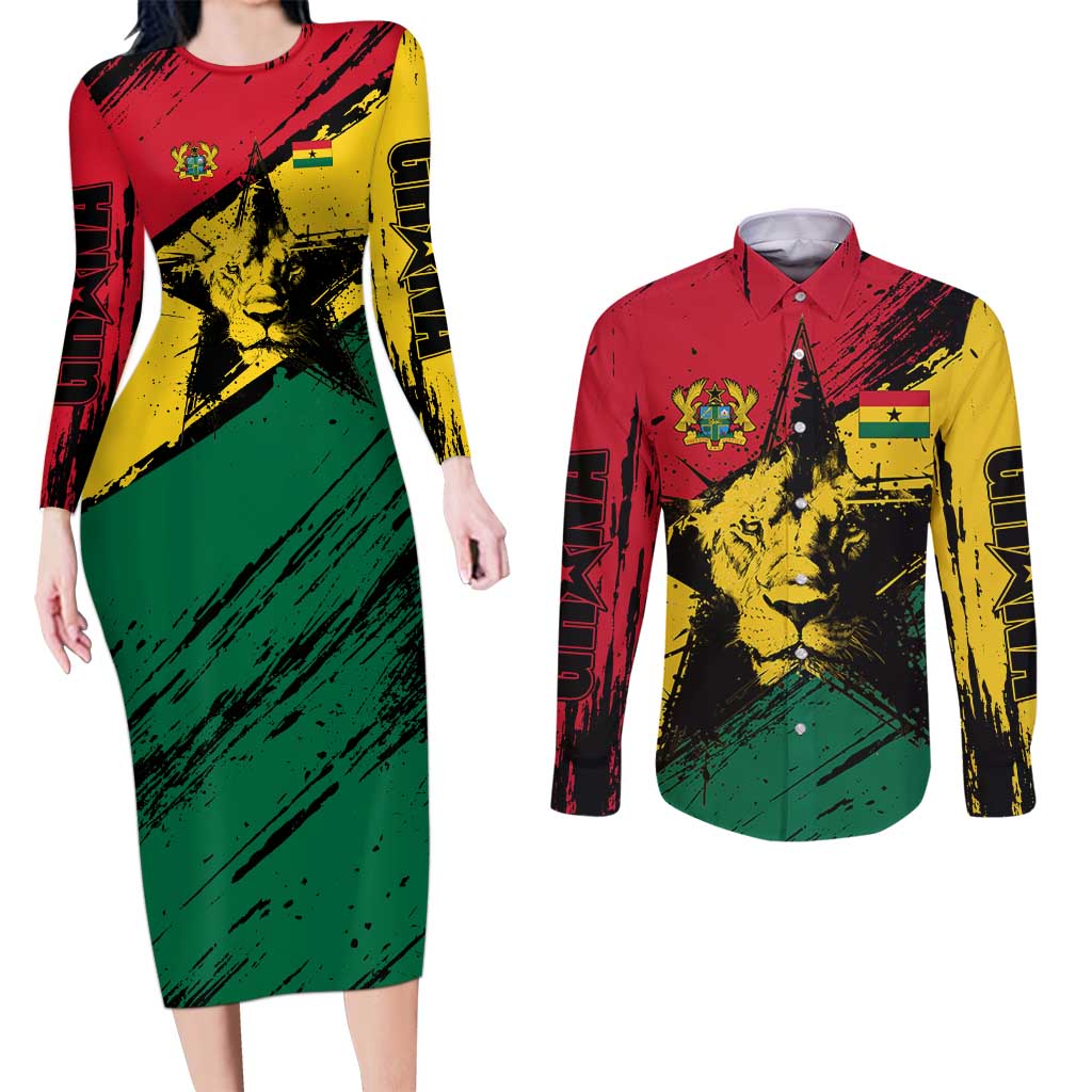 Ghana Flag Couples Matching Long Sleeve Bodycon Dress and Long Sleeve Button Shirt with Coat of Arms Design TS04
