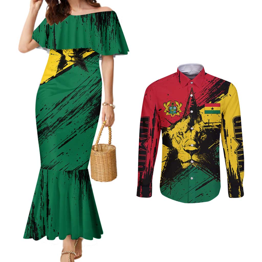 Ghana Flag Couples Matching Mermaid Dress and Long Sleeve Button Shirt with Coat of Arms Design TS04