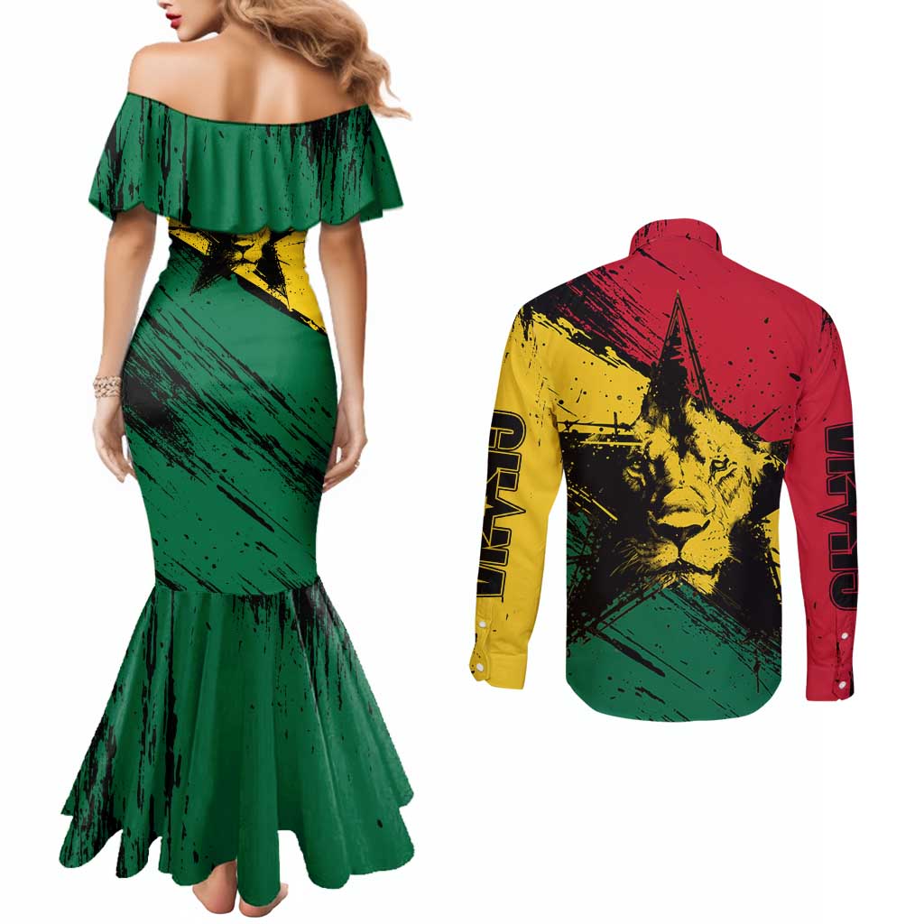 Ghana Flag Couples Matching Mermaid Dress and Long Sleeve Button Shirt with Coat of Arms Design TS04