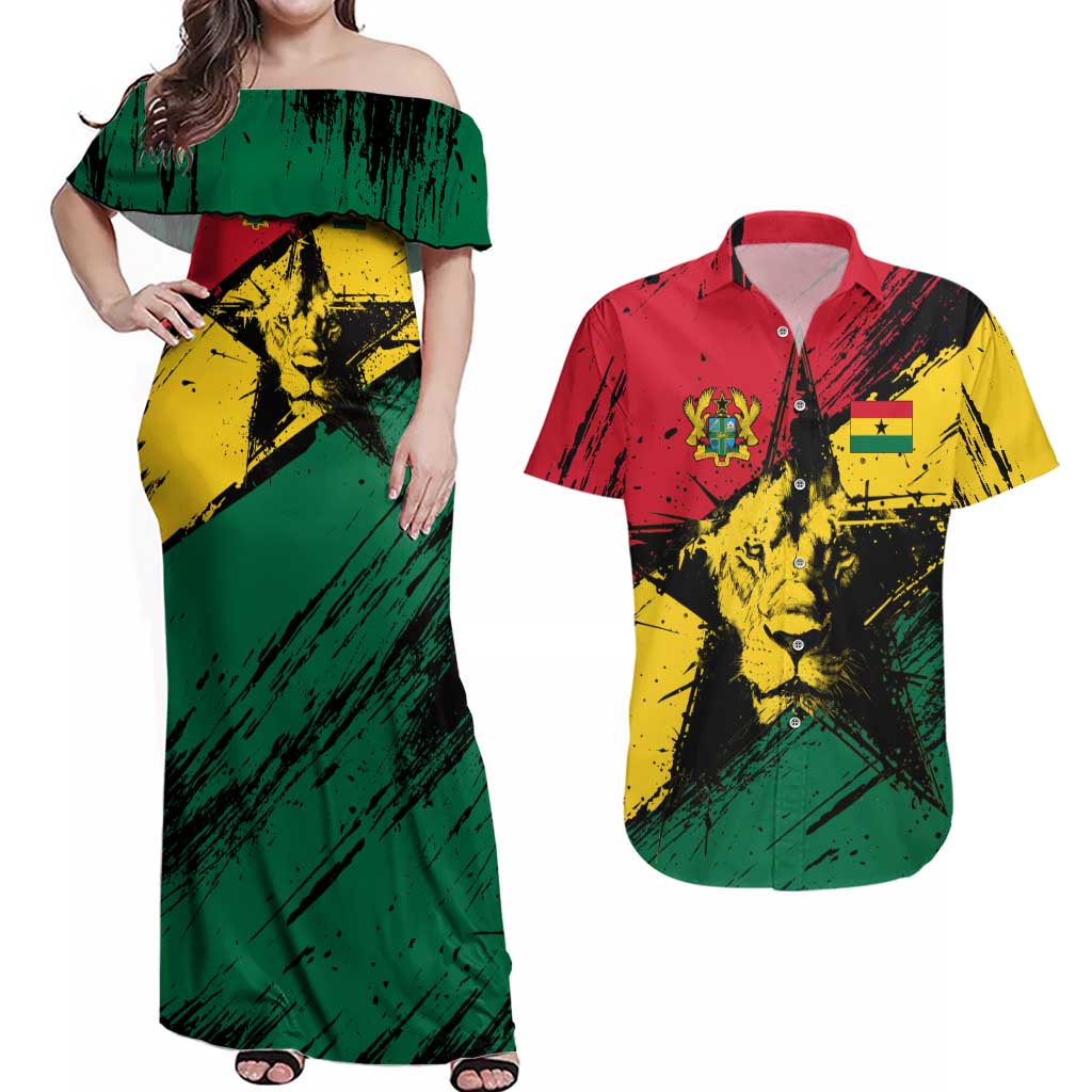 Ghana Flag Couples Matching Off Shoulder Maxi Dress and Hawaiian Shirt with Coat of Arms Design TS04