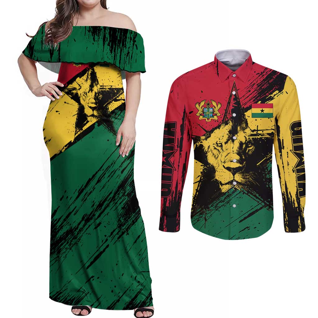Ghana Flag Couples Matching Off Shoulder Maxi Dress and Long Sleeve Button Shirt with Coat of Arms Design TS04