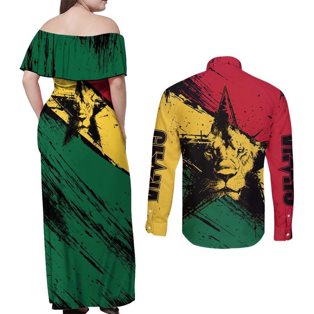 Ghana Flag Couples Matching Off Shoulder Maxi Dress and Long Sleeve Button Shirt with Coat of Arms Design TS04
