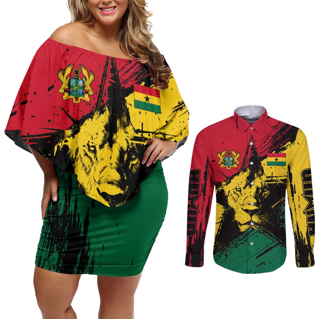 Ghana Flag Couples Matching Off Shoulder Short Dress and Long Sleeve Button Shirt with Coat of Arms Design TS04