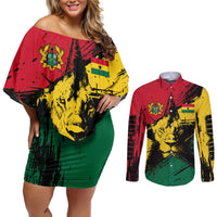 Ghana Flag Couples Matching Off Shoulder Short Dress and Long Sleeve Button Shirt with Coat of Arms Design TS04